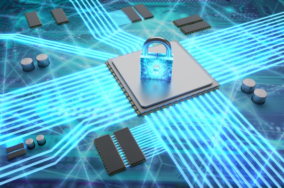 CPU with data flying out all sides represented by blue streaks. A Blue padlock sits on top of the CPU