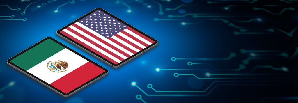 Image of US and Mexican flags on a tech background.