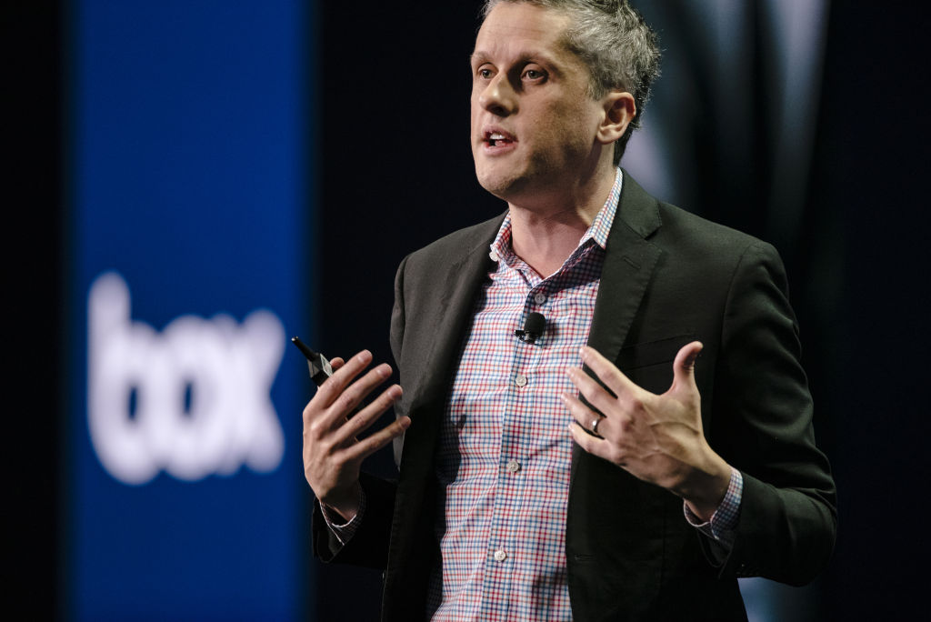 Aaron Levie, chief executive officer and co-founder of Box Inc., speaks during the BoxWorks 2019 Conference at the Moscone Center in San Francisco, California, U.S., on Thursday, Oct. 3, 2019. BoxWorks brings together leaders across the technology sector to define the future of work and build digital-first companies. Photographer: Michael Short/Bloomberg via Getty Images