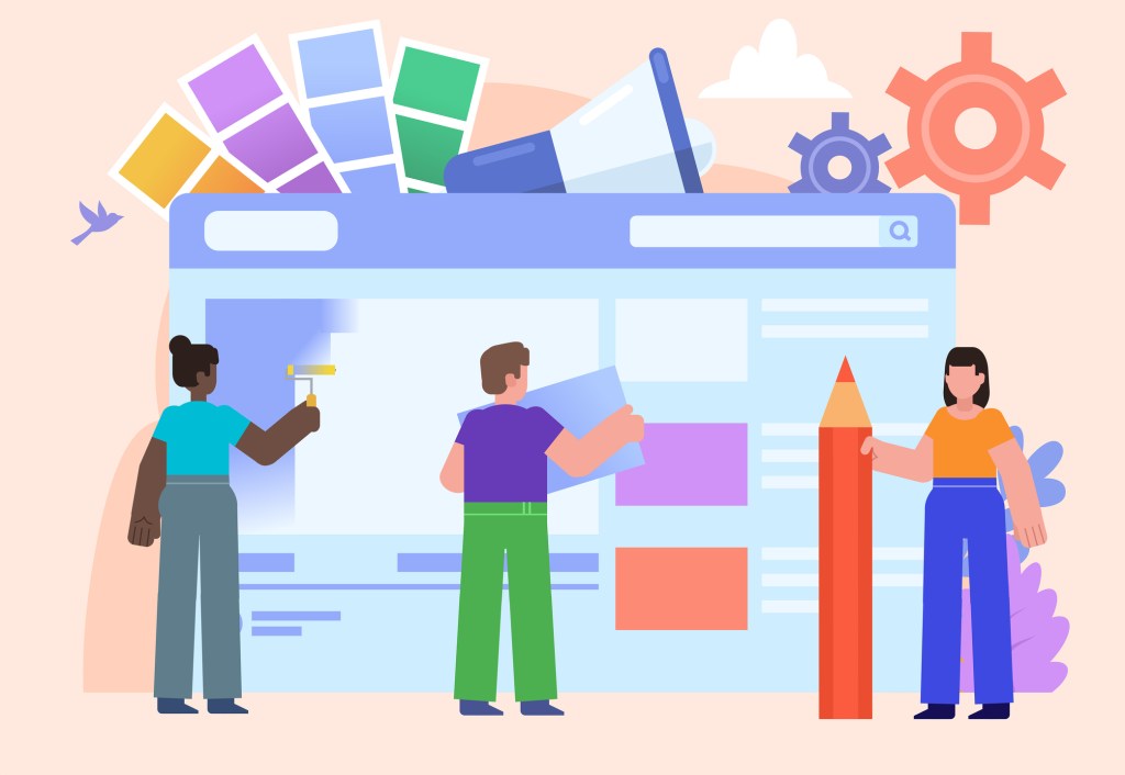 Illustration showing diverse team building a web site.