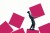 Full length side view of young woman carrying large pink block against white background