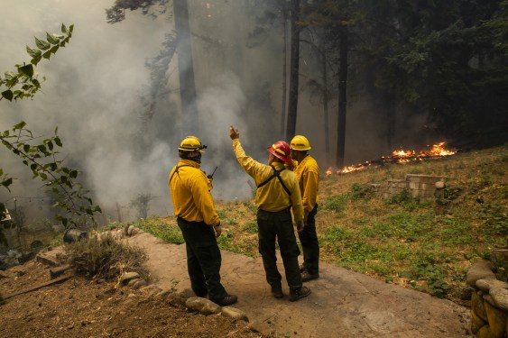 Firefighters with Roseburg Engine 11 out of Eugene, Oregon survey a property under threat of fire along Pine Flat Road during the CZU Lightning Complex fire in Santa Cruz County, California, U.S., on Thursday, Aug. 20, 2020.