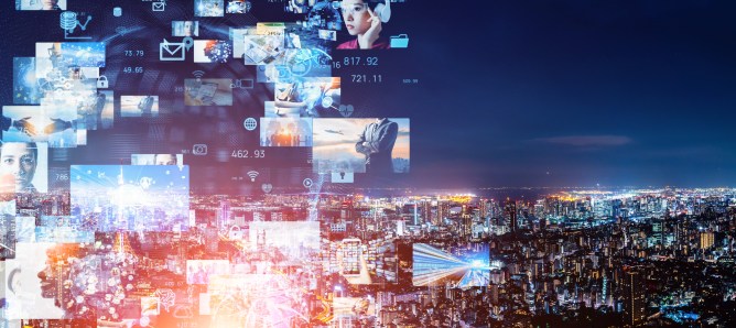 Image of video images and other icons streaming across a skyline, representing online subscription services.