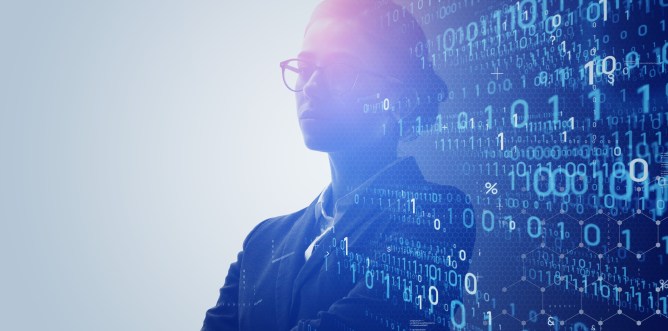 Digital transformation concept. Binary code. System engineer. Programmer.