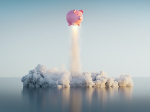 #D render of a pink piggy bank taking off like a rocket