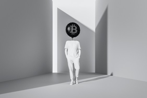 Abstract Bitcoin man with Bitcoin where his head should be 3D generated image.