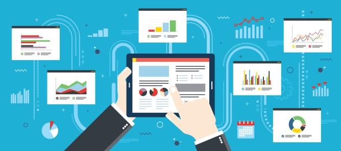 Concept of finance investment planning, analytics Information in the form of a graph or diagram with growth report on mobile device. Successful business. Flat design vector illustration.