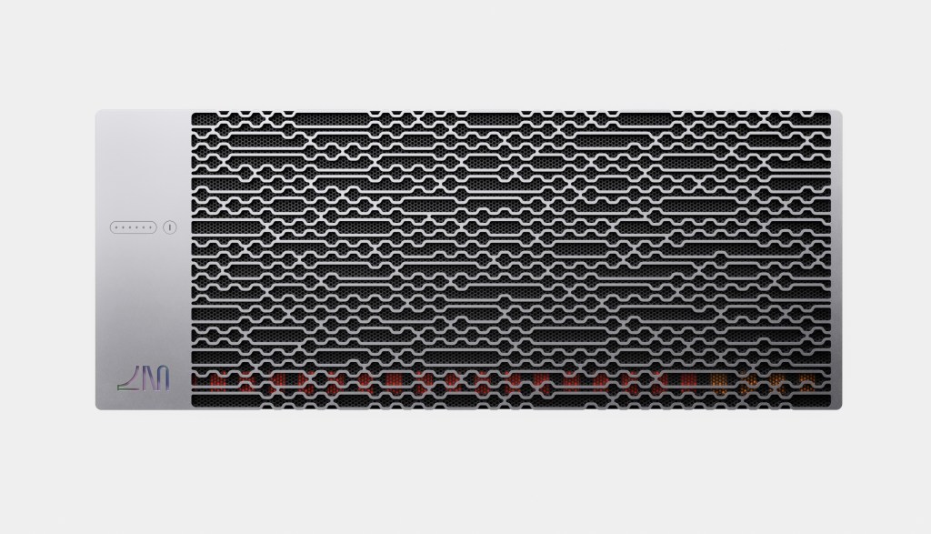 A Lightmatter computer on its side, showing its grill.