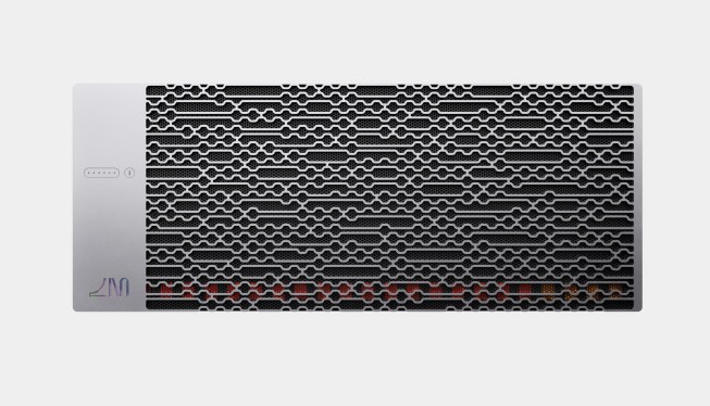 A Lightmatter computer on its side, showing its grill.