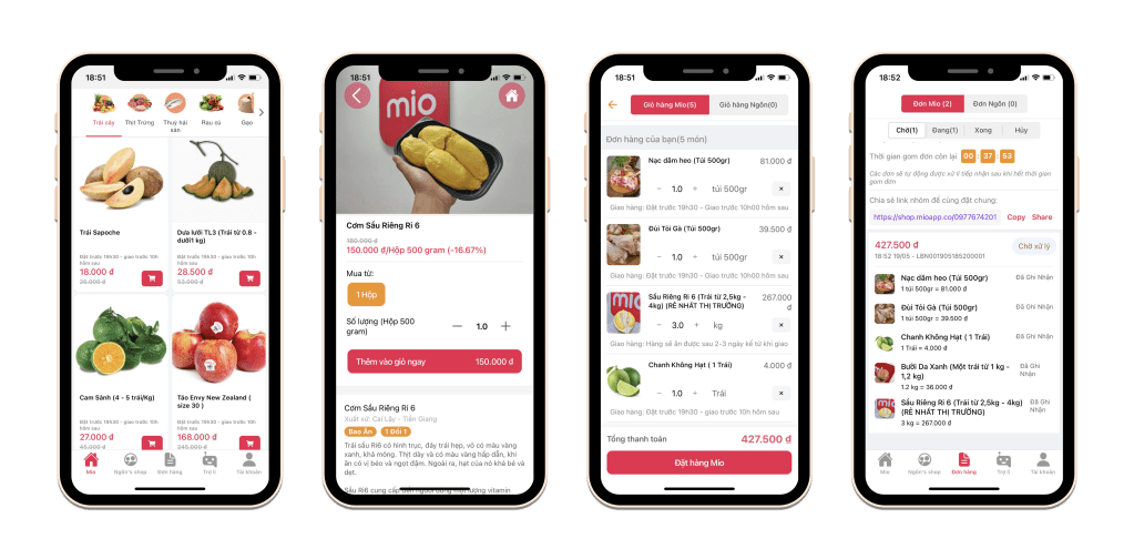 A composite image showing screenshots from Vietnamese social commerce startup Mio's app