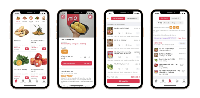 A composite image showing screenshots from Vietnamese social commerce startup Mio's app