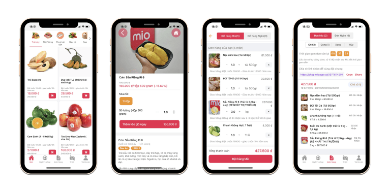 A composite image showing screenshots from Vietnamese social commerce startup Mio's app