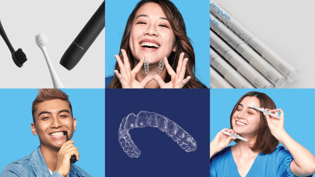 A collage of images showing Zenyum's dental products, including invisible braces and electric toothbrushes