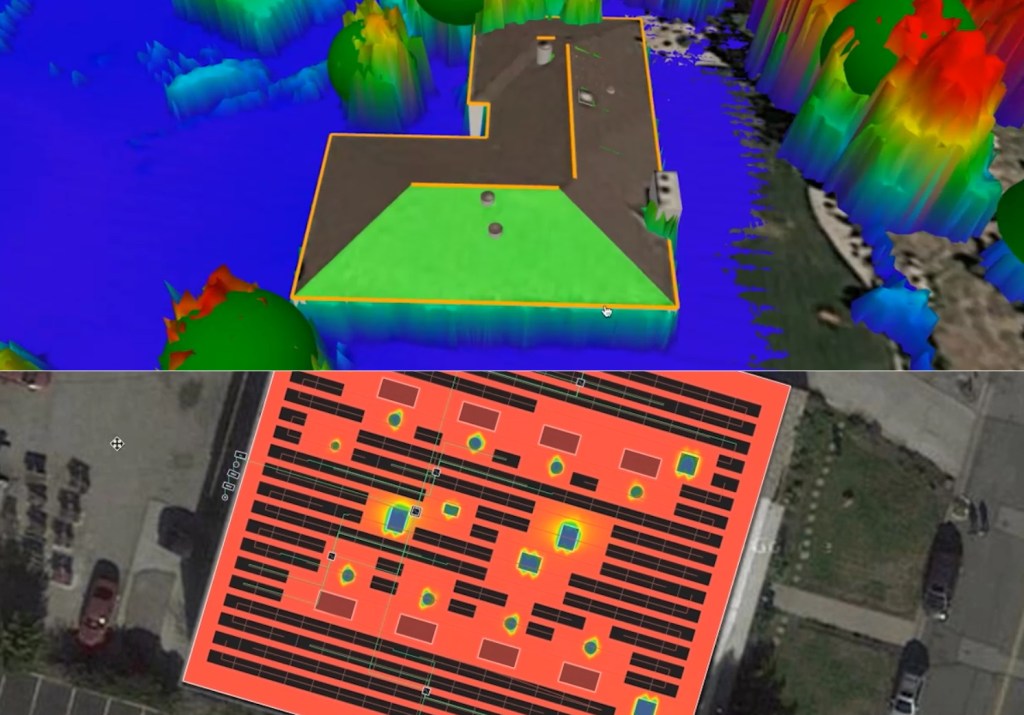 Computer generated images of rooftops and how solar installations might fit on them.