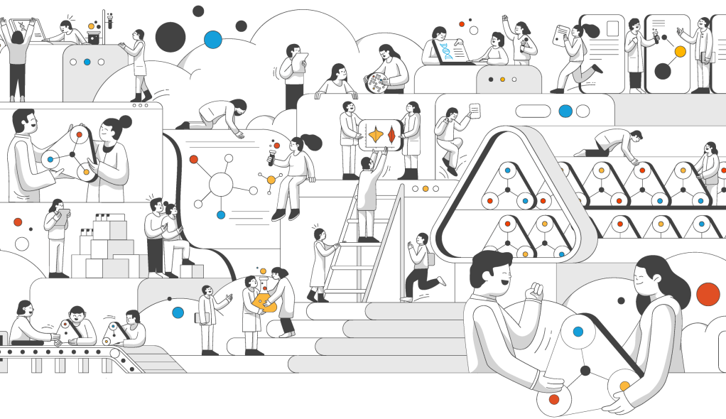Illustration showing scientists using the Code Ocean product as if it were a real physical thing.