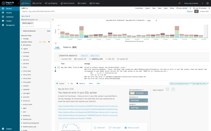 Logz.io spins up a mock version of their app with faux data to demonstrate the look and feel