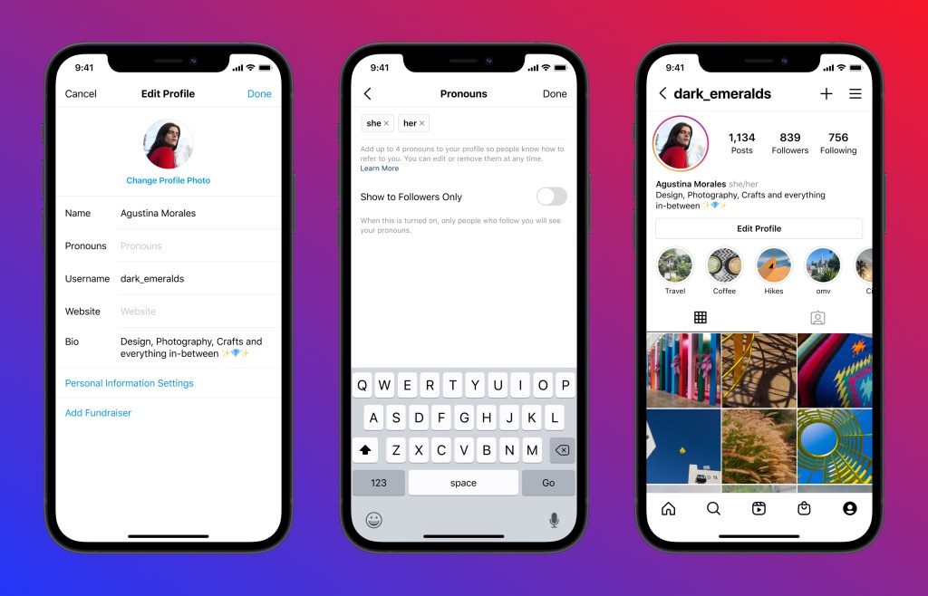 Screenshots of Instagram showing how to set up one's public gender.