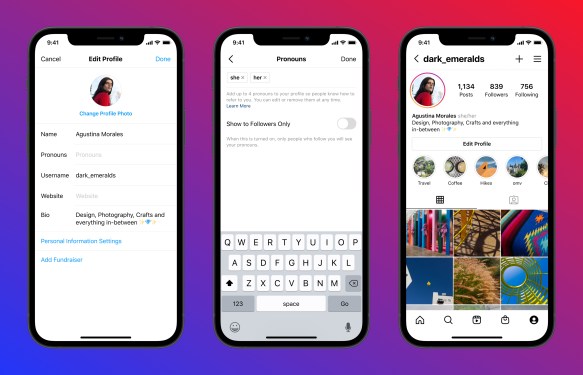 Screenshots of Instagram showing how to set up one's public gender.