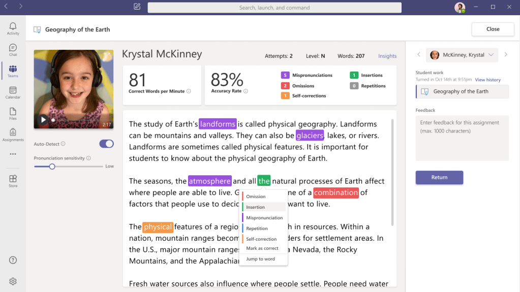 App window showing a student reading some text with annotations about how she's doing.