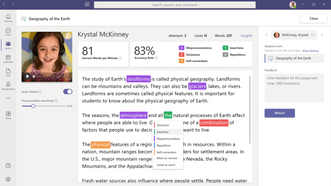 App window showing a student reading some text with annotations about how she's doing.