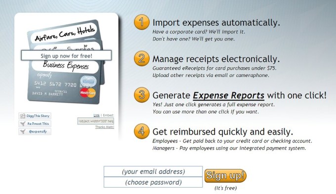 Expensify landing page in March 2009