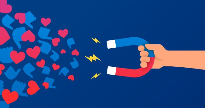 Image of a magnet attracting hearts and likes to represent successful influencer marketing.