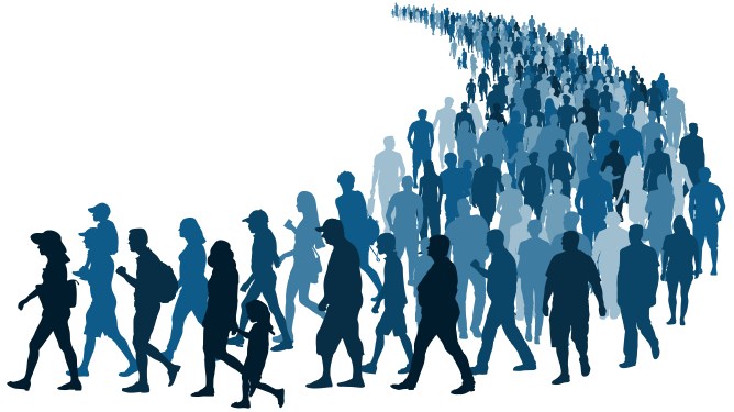 Image of a crowd of people waiting in line to represent refugees/immigration.