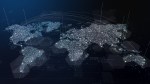 Digital composite image of a world map with cities illuminated