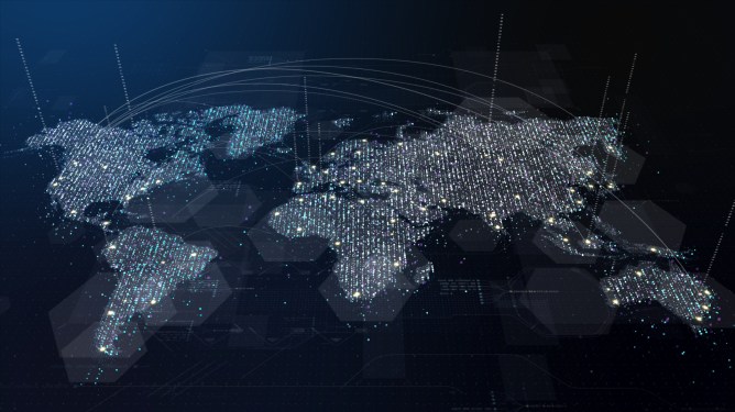 Digital composite image of a world map with cities illuminated