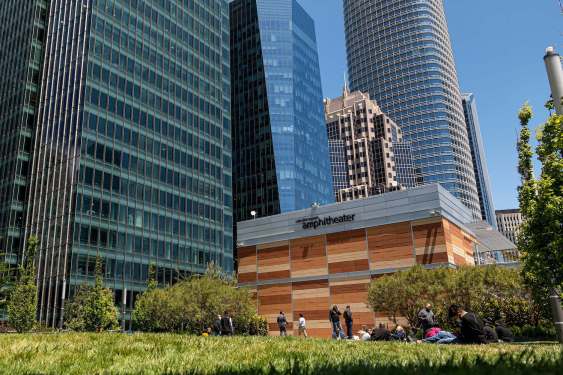 People outside at the Salesforce Park Amphitheater in San Francisco, California, U.S., on Wednesday, June 9, 2021. California officials plan to fully reopen the economy on June 15, if the pandemic continues to abate, after driving down coronavirus case loads in the most populous U.S. state. Photographer: David Paul Morris/Bloomberg