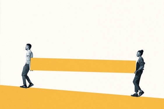 Image of two people carrying a large rectangle to represent cooperation.