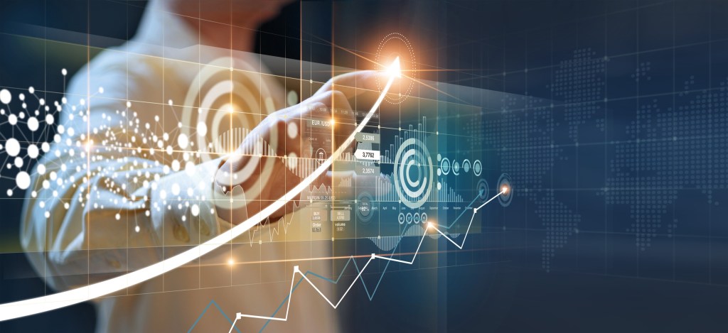 Businessmen pointing to arrows and business growth graphs on a modern virtual interface on global network, Banking, Stock market and currency exchange.