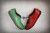 A red and a green shoe tied together