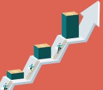 Image of businesspeople climbing ladders up an arrow toward three increasingly tall piles of cash.