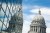 Image of a government building reflected in a glass office building to represent public-private partnership.