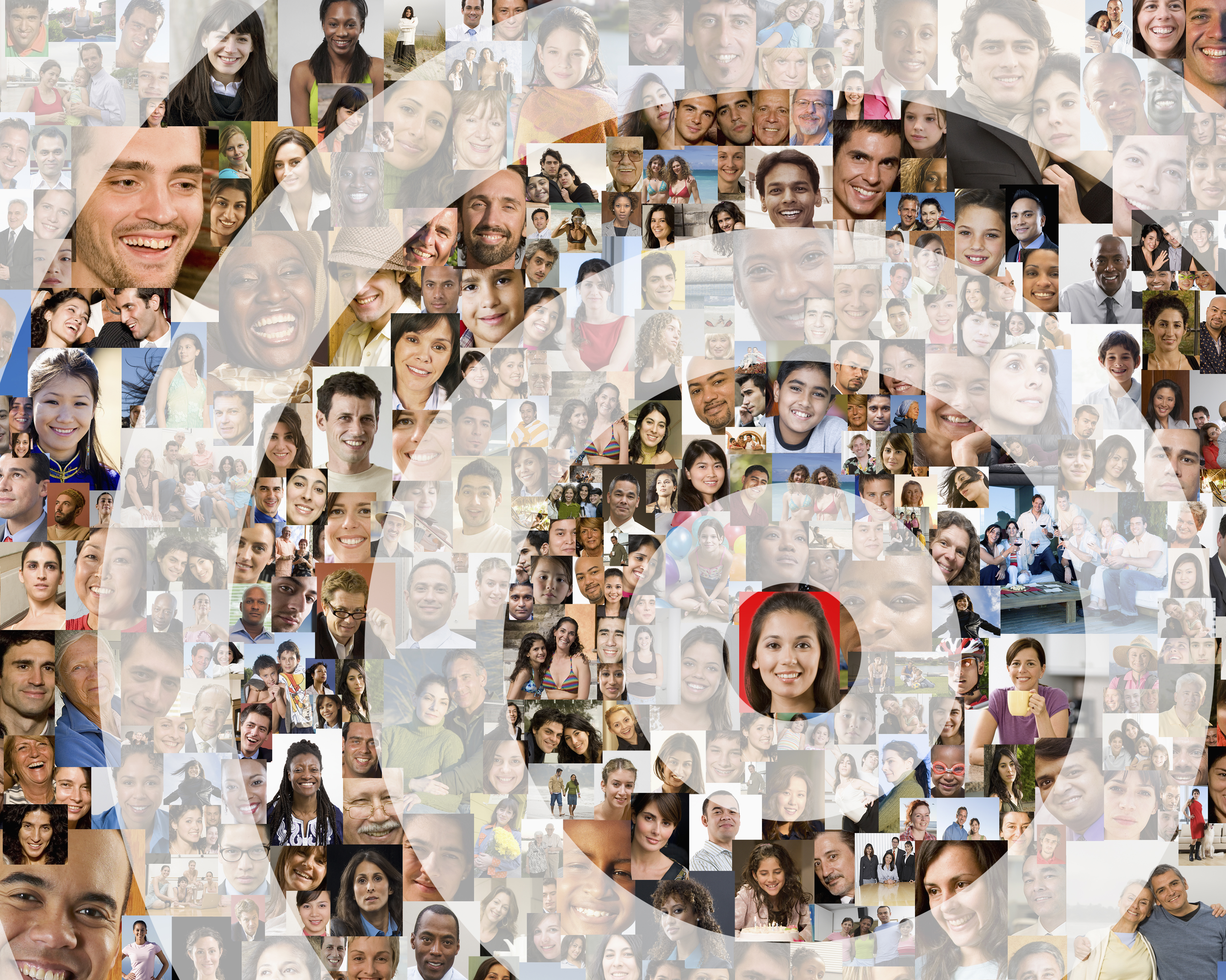 Image of a bullseye over a collage of people.