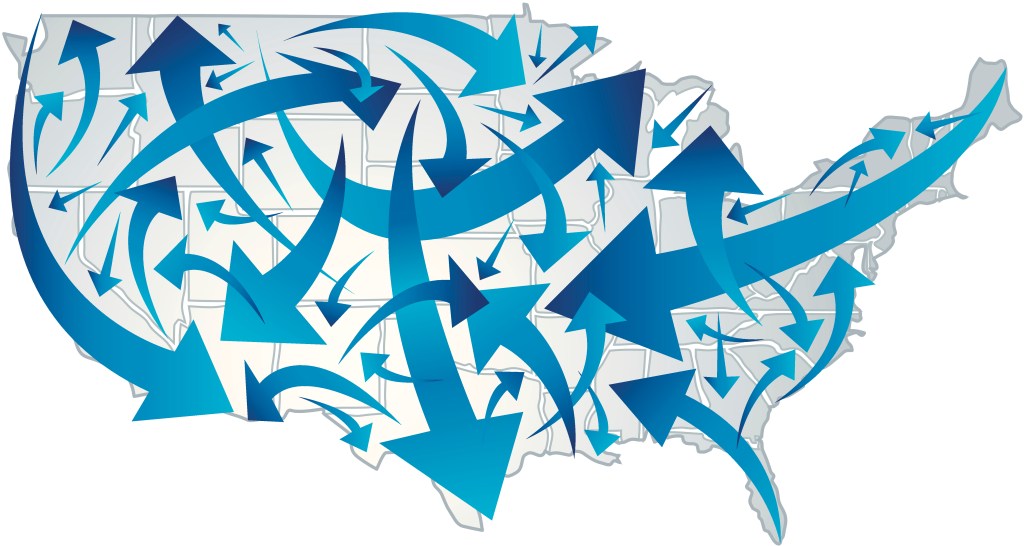 Image of a map of the United States with arrows to represent relocating to the U.S.