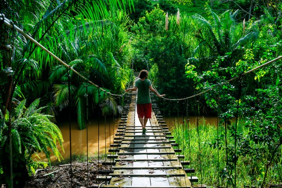 Man crossing a suspension bridge in Costa Rica seen from behind.