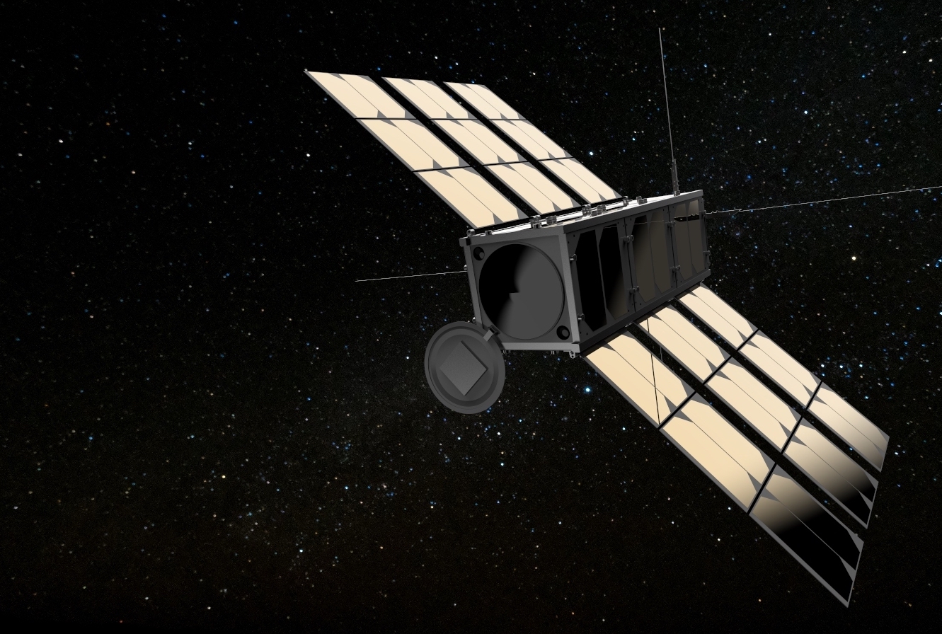 Mockup of an OroraTech Earth imaging satellite in space.