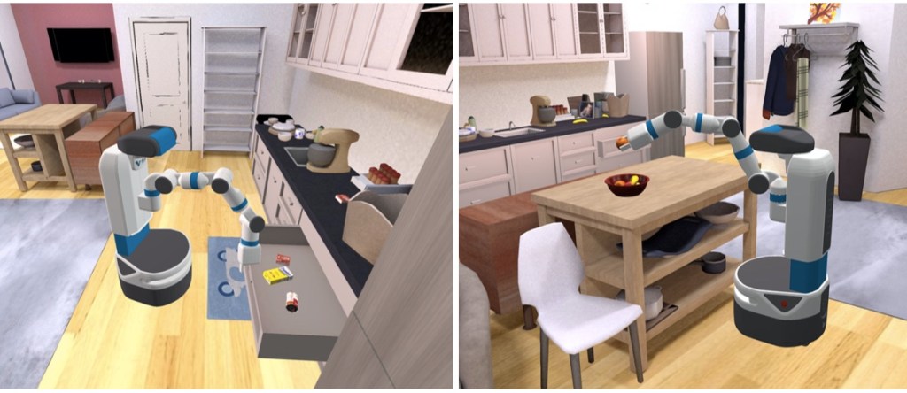 Images of a virtual robot interacting with a realistic virtual room.