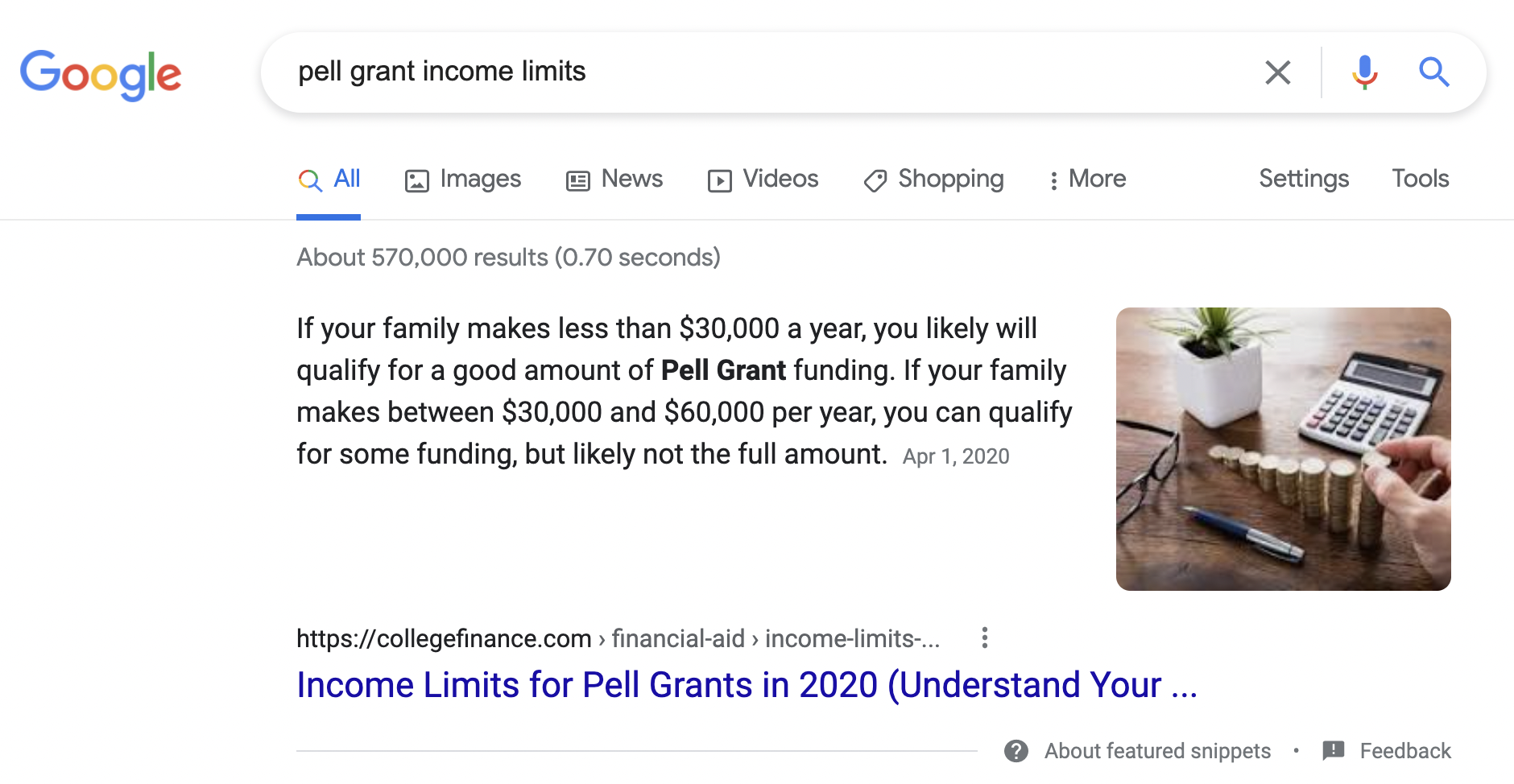 Example of featured snippet created for CollegeFinance.com