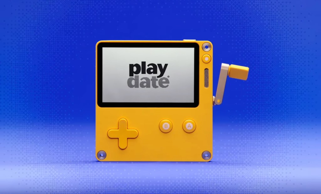 Front view of the Playdate handheld.