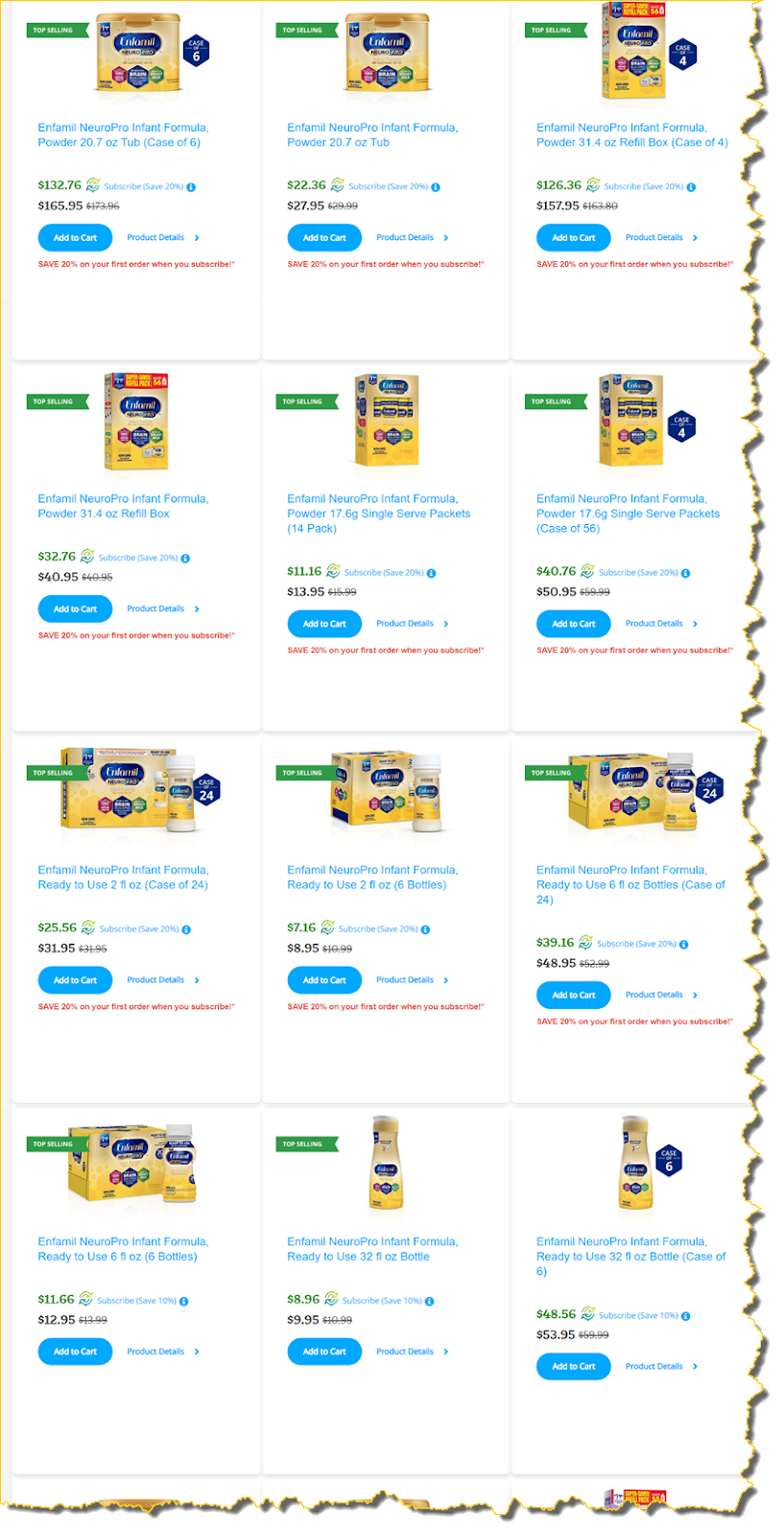 When customers clicked “Shop Now” on the original version, they saw 39 products in a 3 X 13 grid, and lots of these products appear quite similar. This taxes the prospective customer