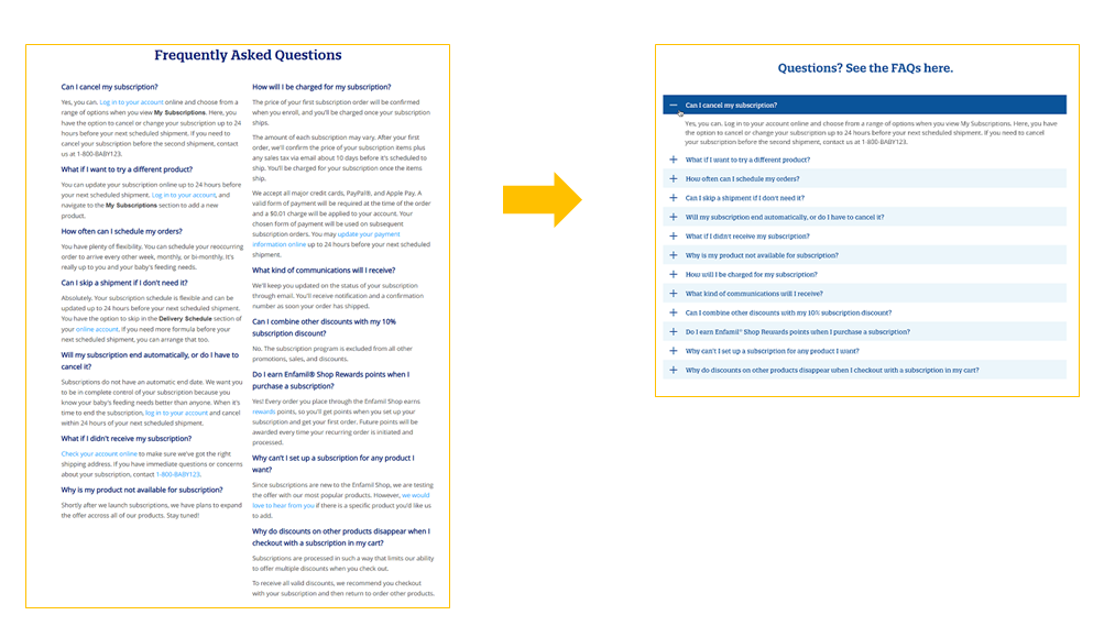 Collapsing the FAQ section helps reduce information overload