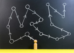Decision making: Wooden figurine thinking about the path to take to reach the target