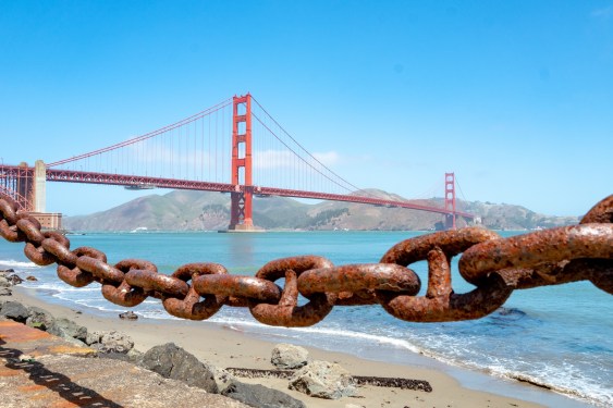 Golden Gate Bridge viewed with rusted chain in foreground, San Francisco, California, June 28, 2020. (Photo by Smith Collection/Gado/Getty Images)