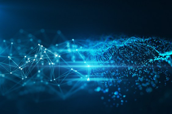 A digital image with blue lines against a black background to represent digital networks and data connection