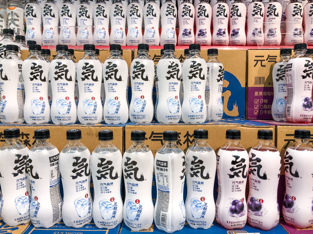 SHANGHAI, CHINA - APRIL 12: Bottles of soda water manufactured by Chinese beverage firm Genki Forest are displayed for sale at a supermarket on April 12, 2021 in Shanghai, China. (Photo by VCG/VCG via Getty Images)
