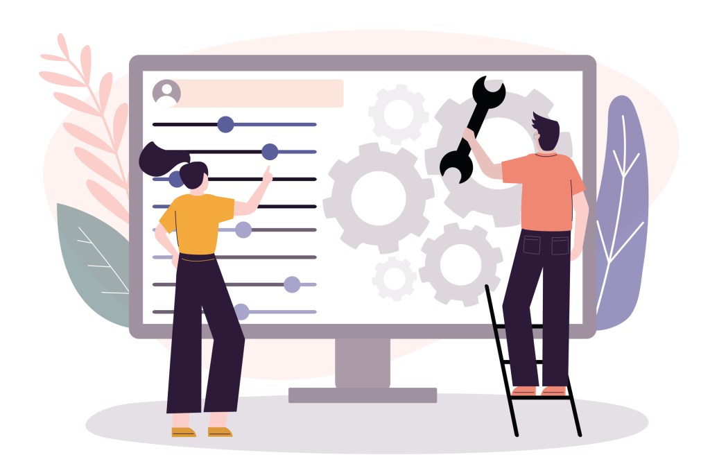 User customize settings on monitor. Computer screen with users personal page. User interface customization, programming. Concept of creating, setting personal pages and repairing. Vector illustration