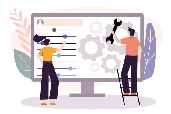User customize settings on monitor. Computer screen with users personal page. User interface customization, programming. Concept of creating, setting personal pages and repairing. Vector illustration